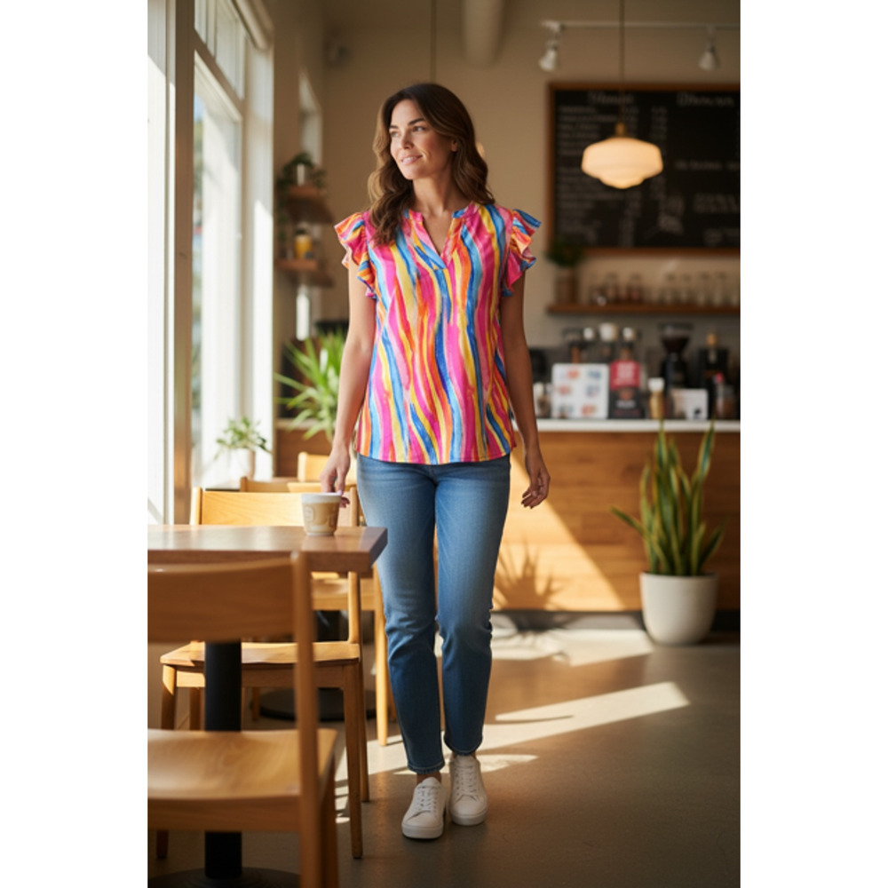 Dear Scarlett - Colorful Flutter Sleeve Lizzy Top - Large - Picture 6 of 6